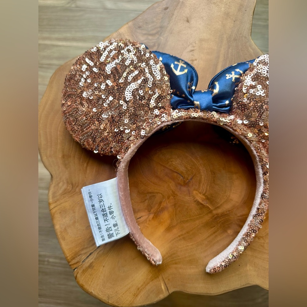 Disney Cruise Line Minnie Mouse Ears Headband Rose Gold Sequin Blue Bow Nautical - Picture 6 of 8